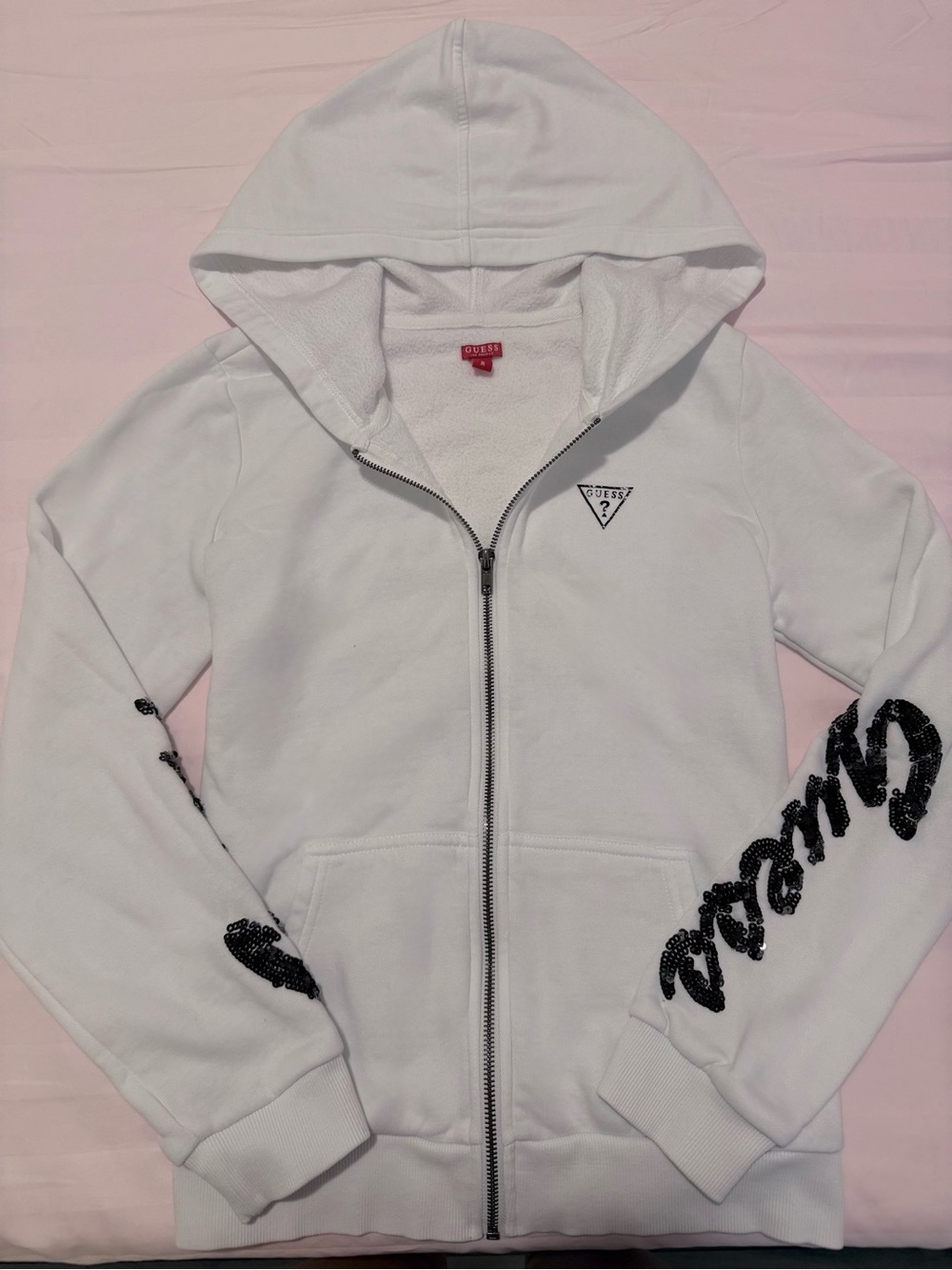 Guess White Zip-Up Hoodie with Black Sequin Script